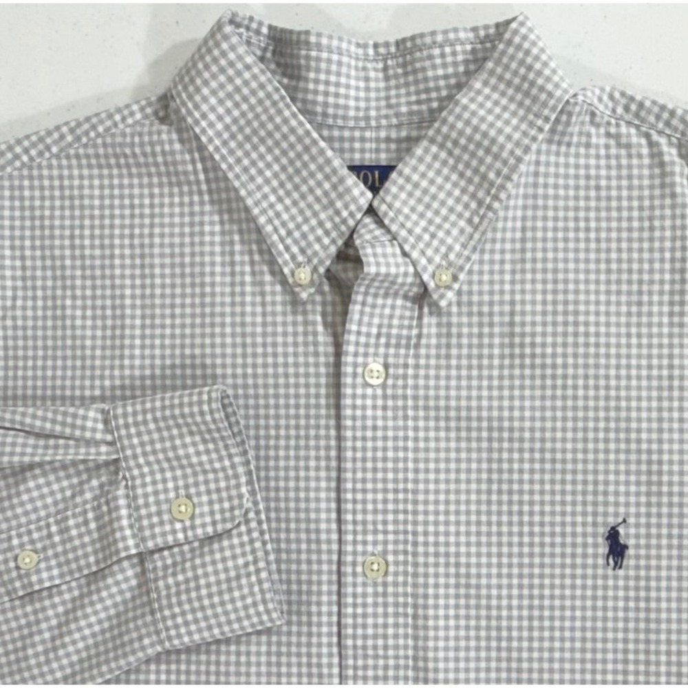 Polo Ralph Lauren Button Down Size XL Grey Gingham Classic Fit Cotton Blend READ